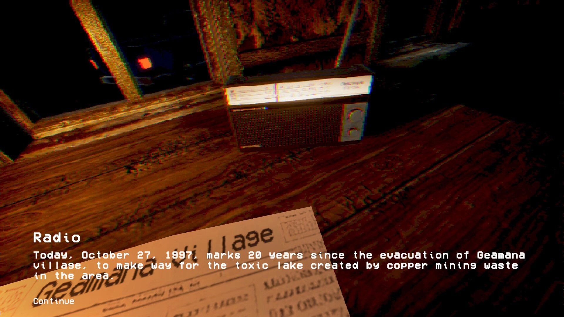 Geamana Village: Old radio on wooden table with text overlay about evacuation anniversary in dim room