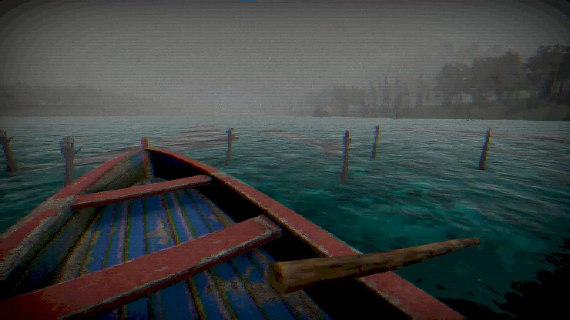 Geamana Village: Rowboat on foggy water with hands reaching up near submerged wooden poles
