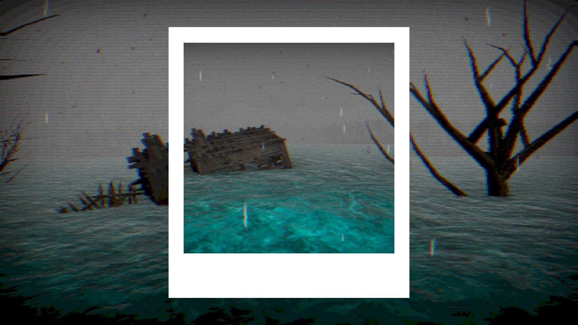 Geamana Village: Polaroid frame over submerged house and barren trees in toxic, rain-soaked waters