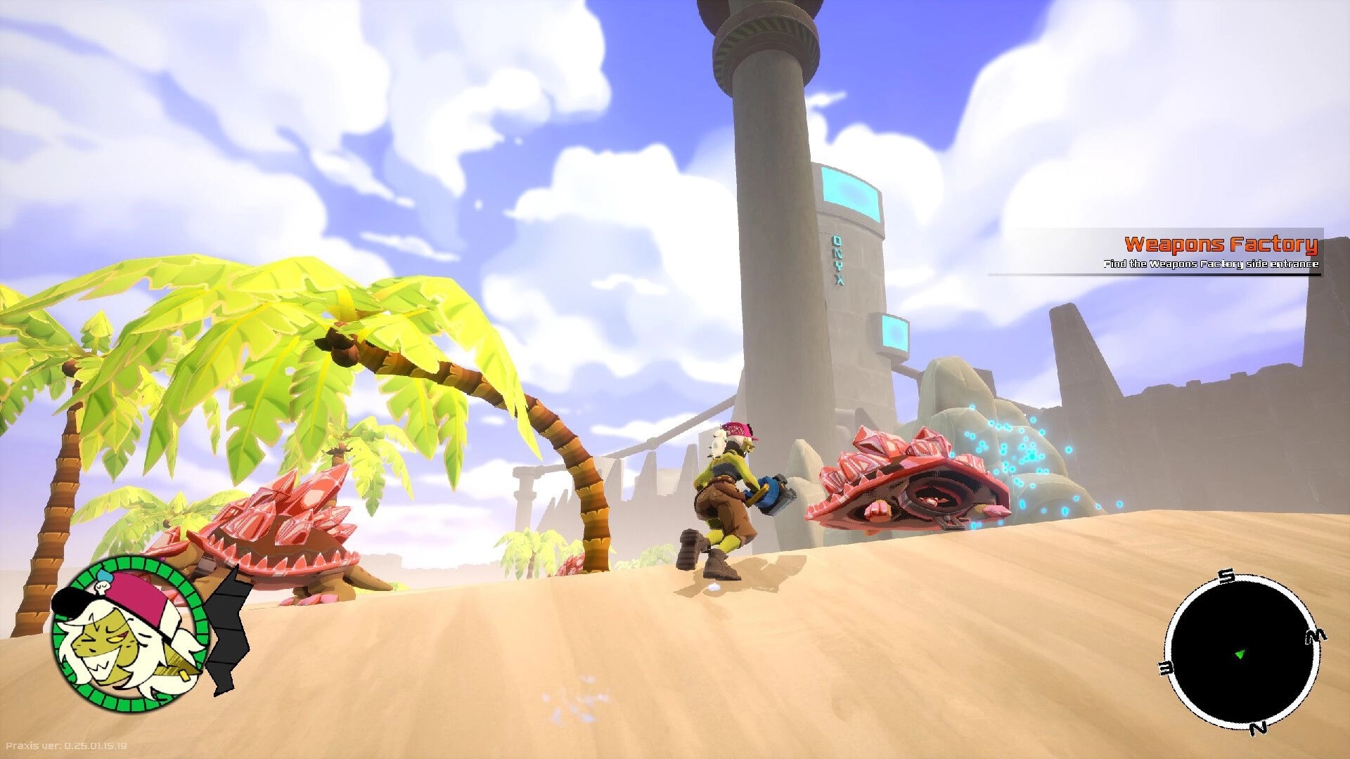 GearGrit: Tansy aims blaster at spiky crab foes on sandy beach near Weapons Factory tower UI.