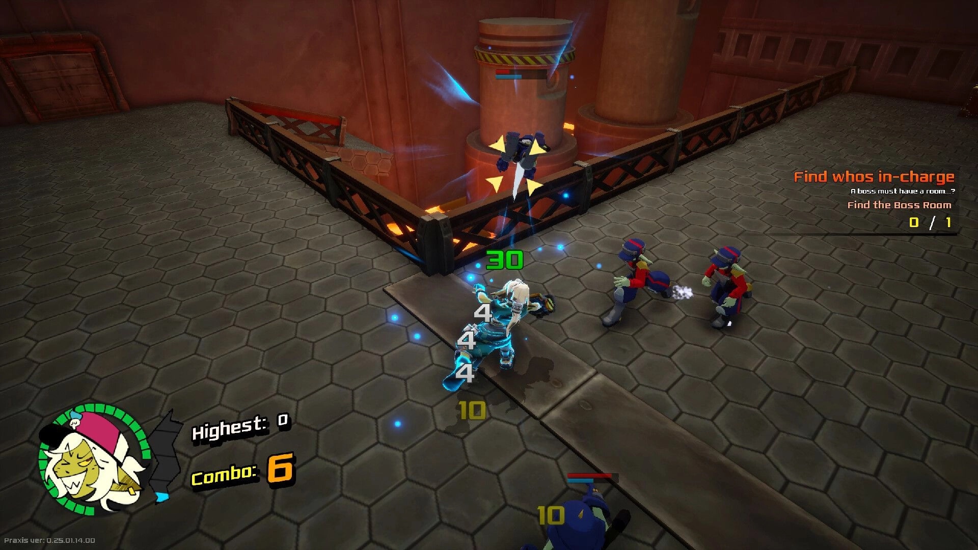 GearGrit: Player blasts two guards, combo counter at 6, in an industrial corridor with quest UI.