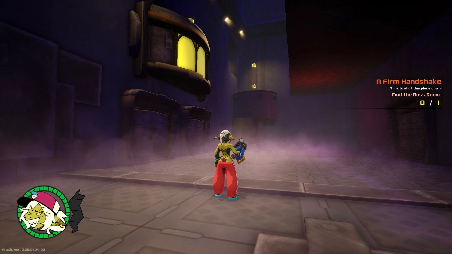 GearGrit: Tansy holds a blaster in a foggy factory hall, quest text says Find the Boss Room 0/1.