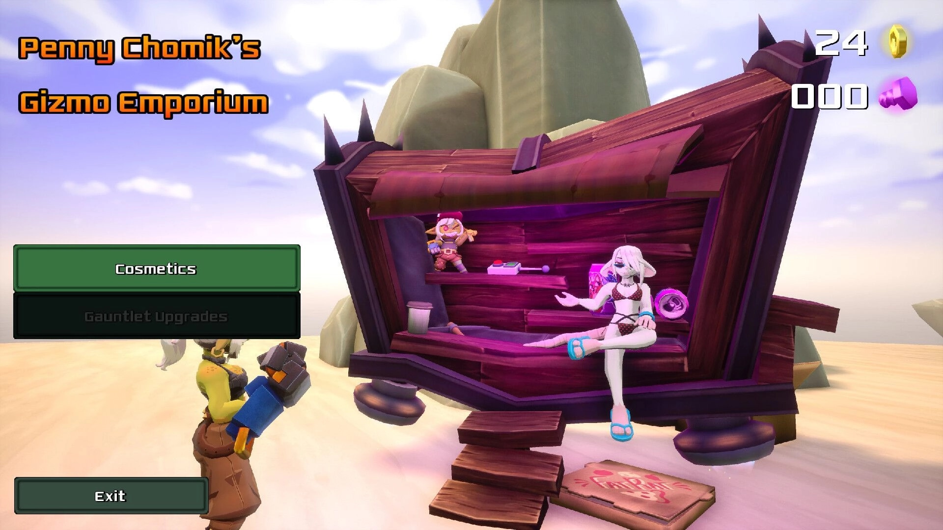 GearGrit: Shop menu at Penny Chomik's Gizmo Emporium, cosmetics selected beside a desert stall.