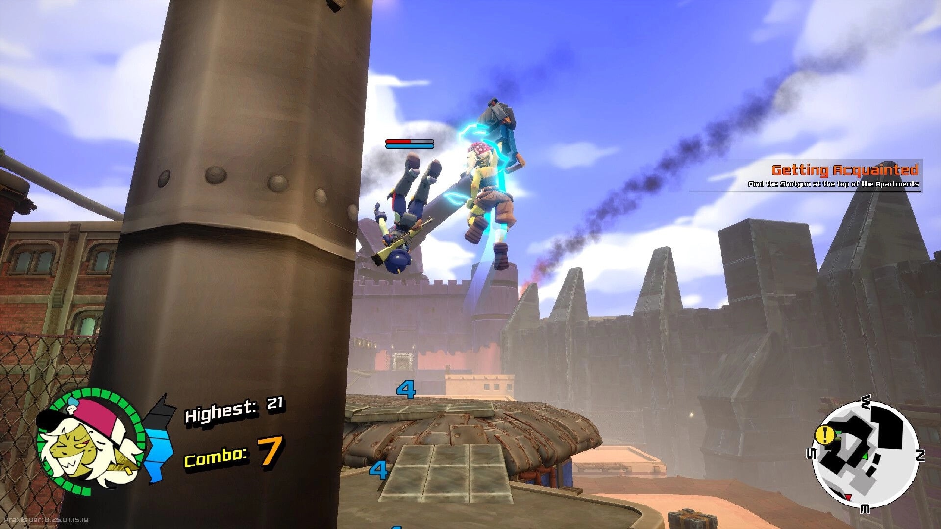 GearGrit: Midair melee hit launching a soldier, combo counter on, atop dusty industrial rooftops.