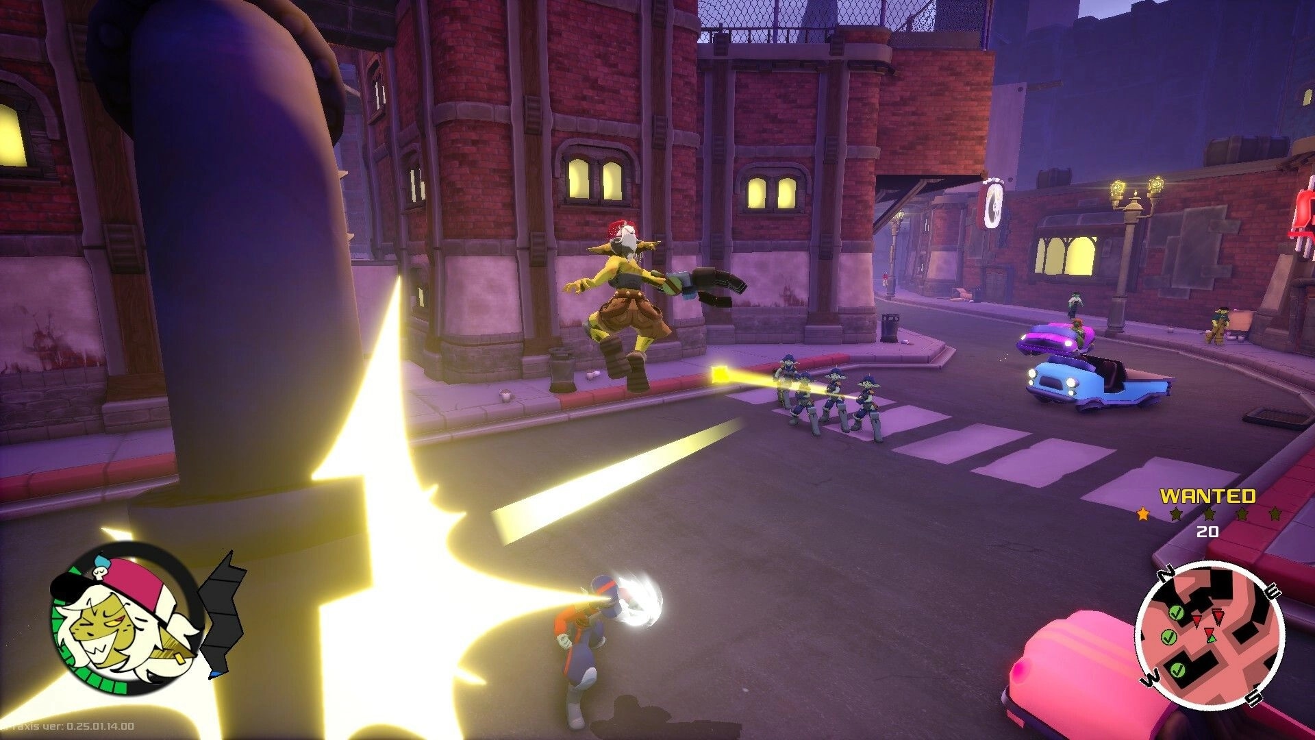 GearGrit: Player dodges laser fire as cops swarm near a police car on a brick city street at night.
