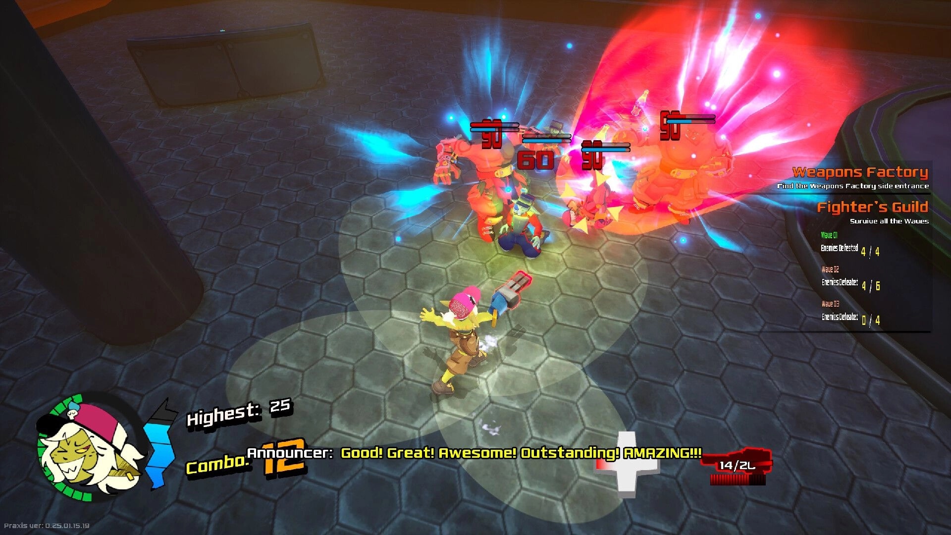 GearGrit: Player swings a hammer at bulky enemies with damage numbers in hex-tiled arena UI.