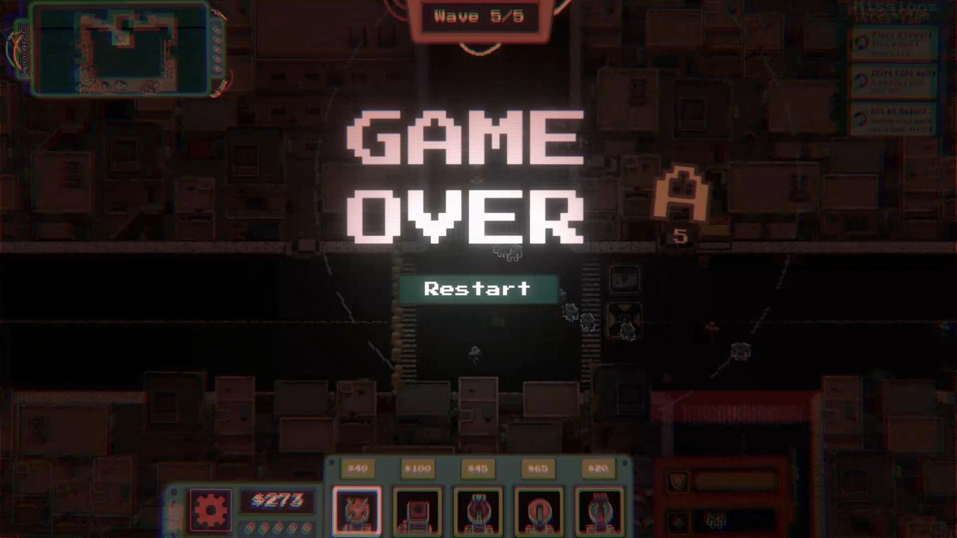 Gears of Glory: Game over screen with restart option and mini-map in dark city environment