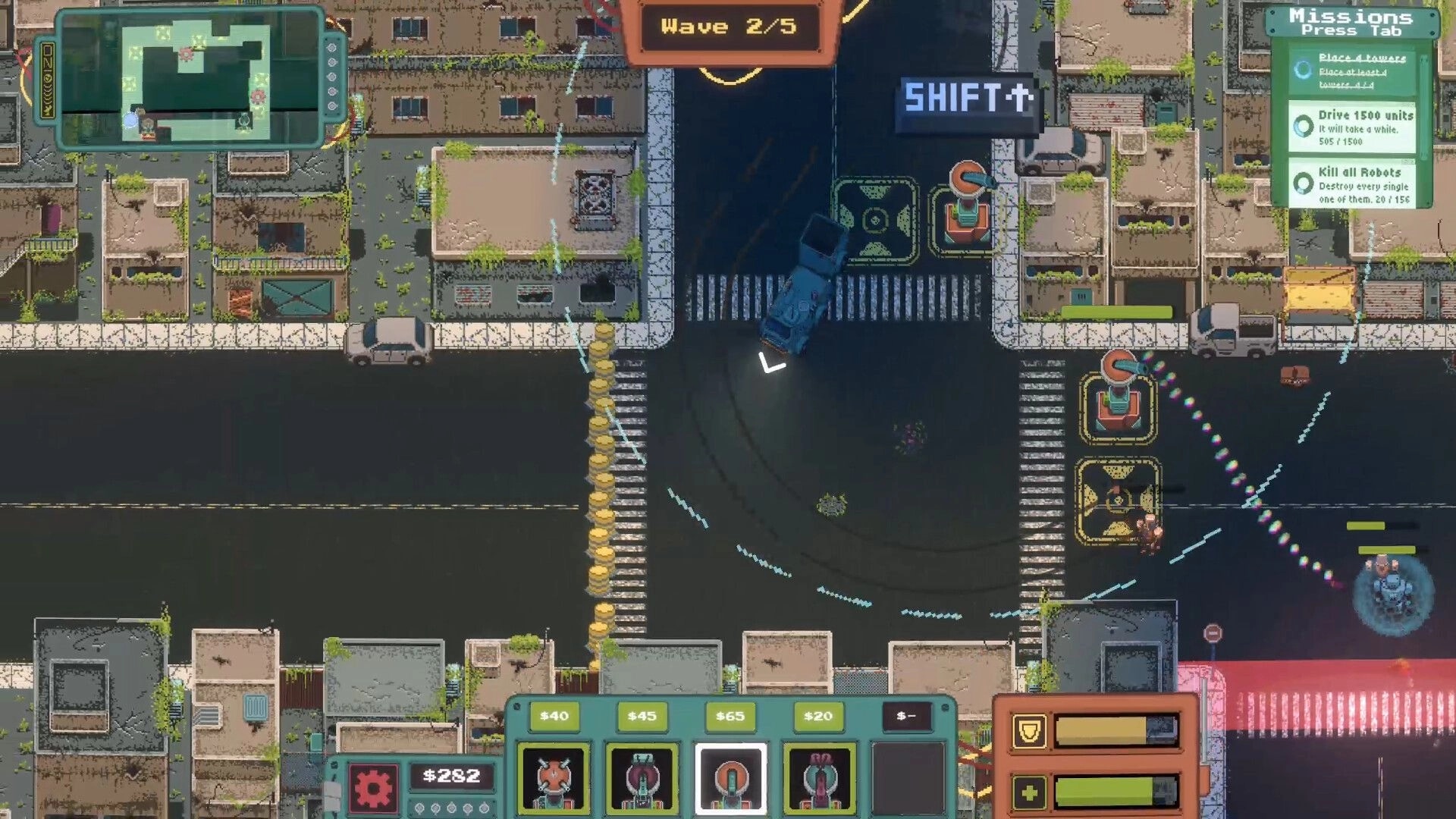 Gears of Glory: Vehicle speeds through city streets dodging robots with strategic tower defenses deployed