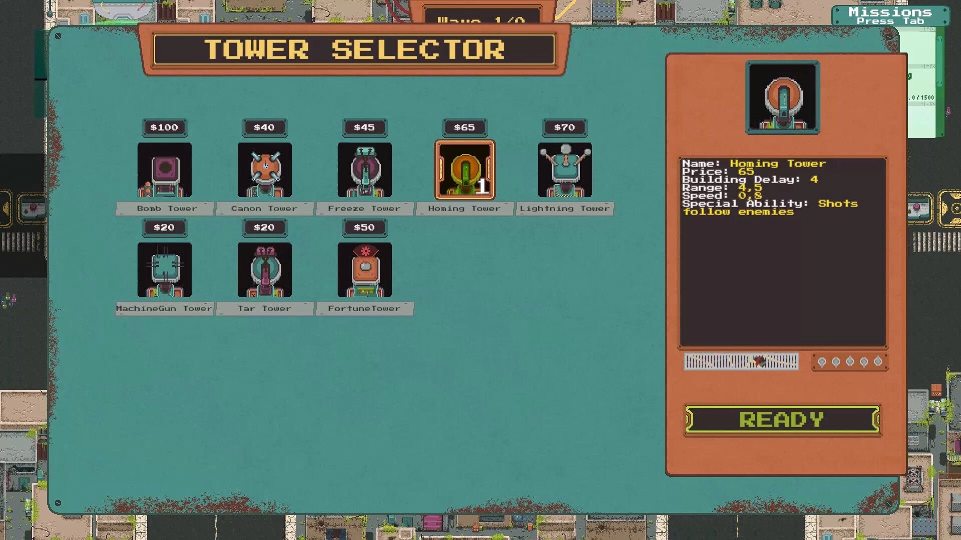 Gears of Glory: Tower Selector menu displaying Homing Tower details and various tower options available.