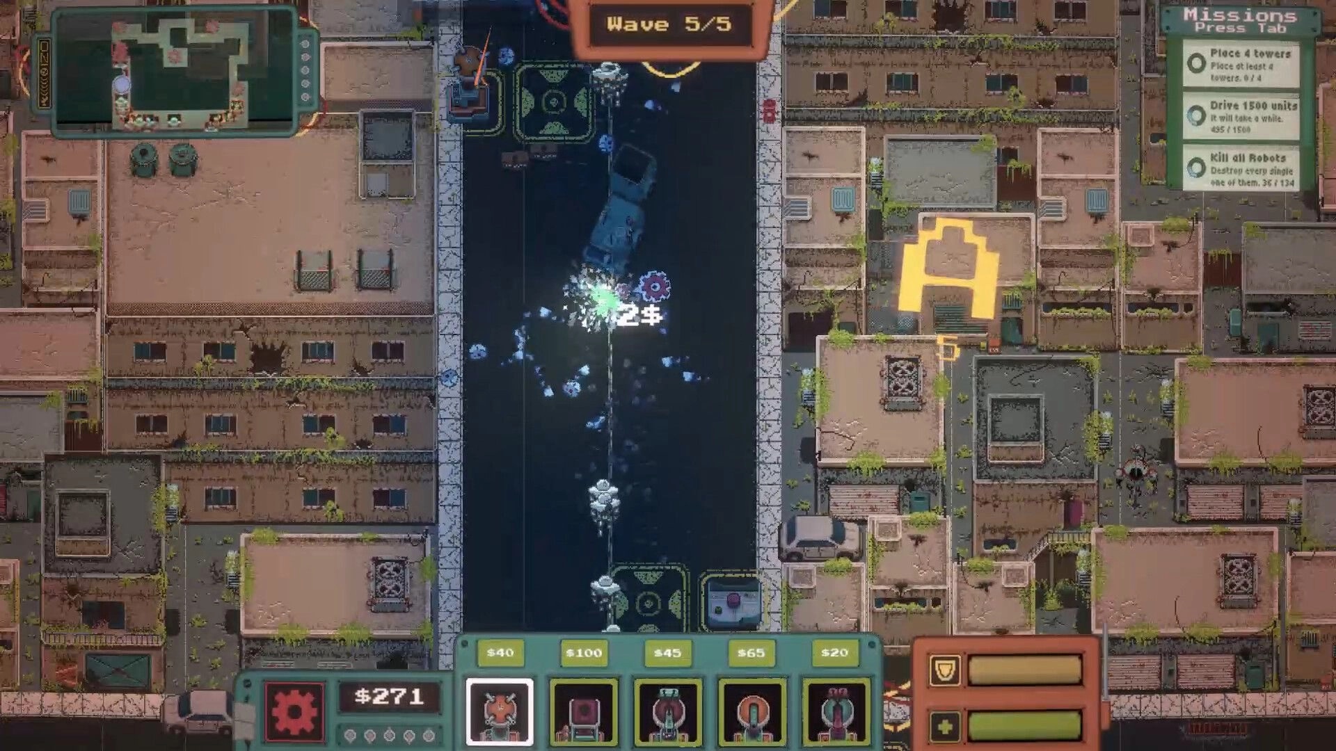 Gears of Glory: Vehicle smashing through robots on urban road with mission objectives and map visible
