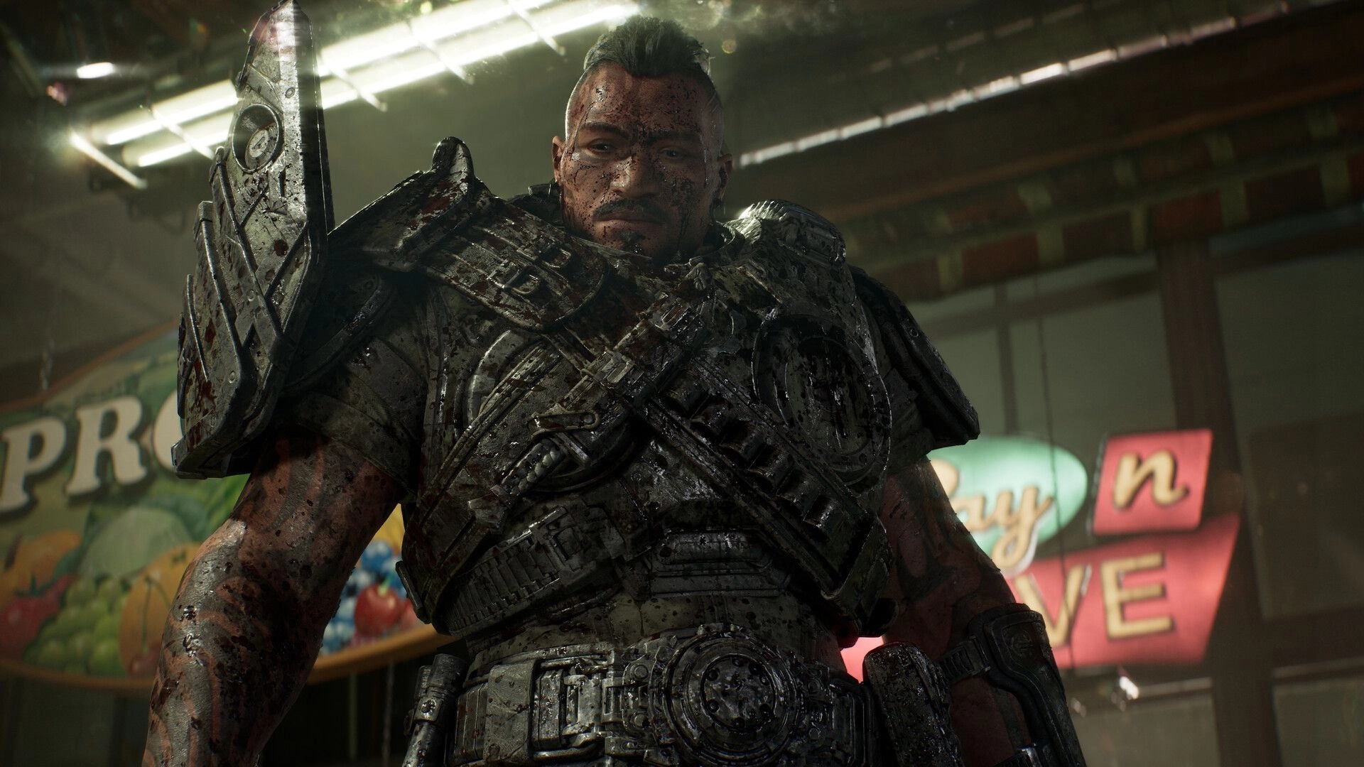 Gears of War: Armored soldier close-up, blood-splattered, in a neon-lit market street at night.