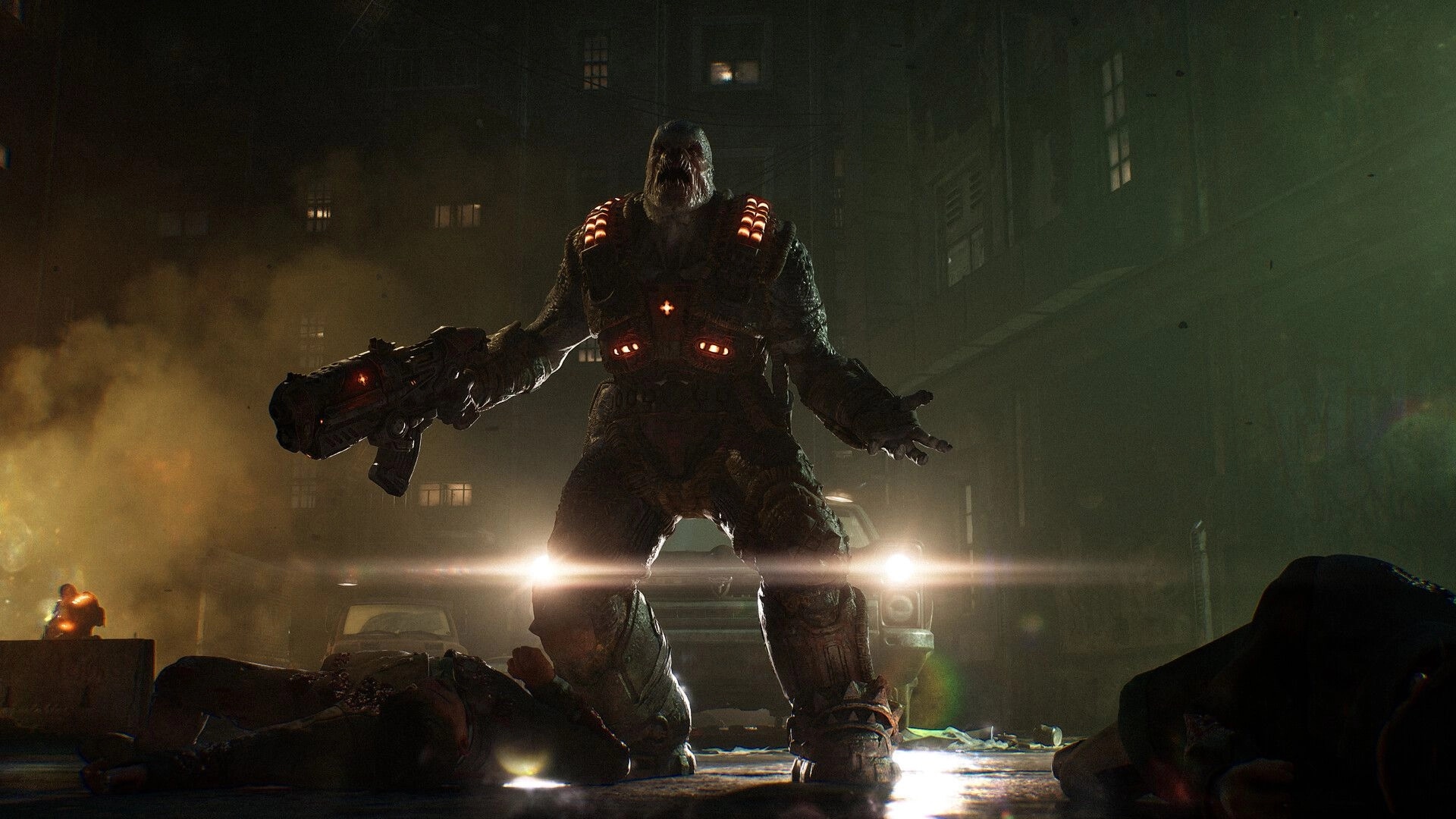 Gears of War: Armored Locust soldier holding rifle over bodies in smoke-filled street at night.