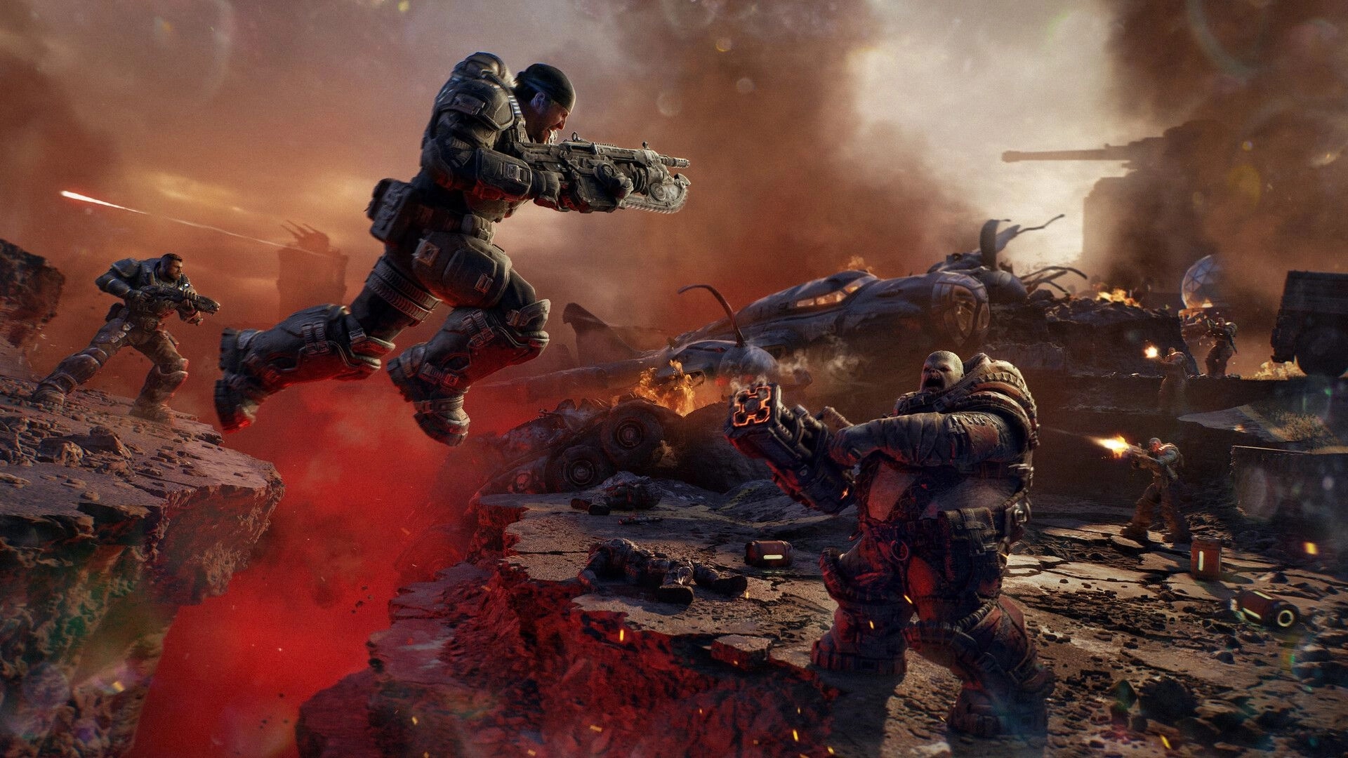 Gears of War: Armored soldier leaps with lancer at enemy amid burning wreckage and smoke-filled ruins.