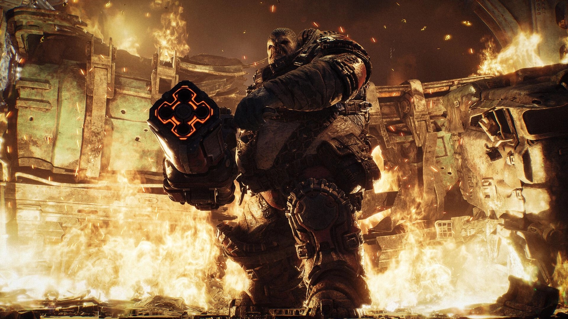 Gears of War: Armored soldier aims rifle amid burning wreckage and falling embers in ruined street battle.
