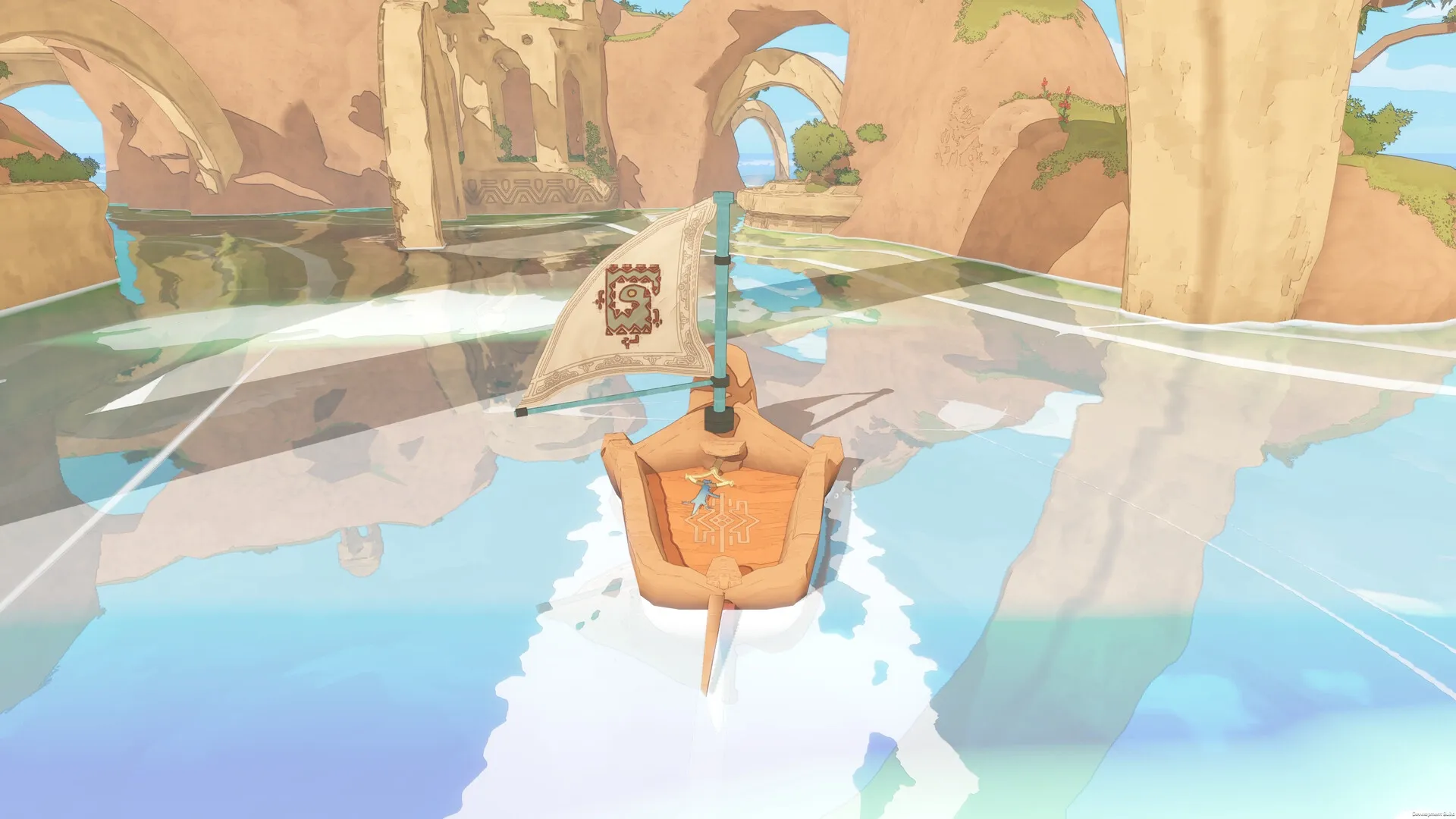 Gecko Gods: Gecko sailing a wooden boat on reflective water amidst ancient stone ruins and arches