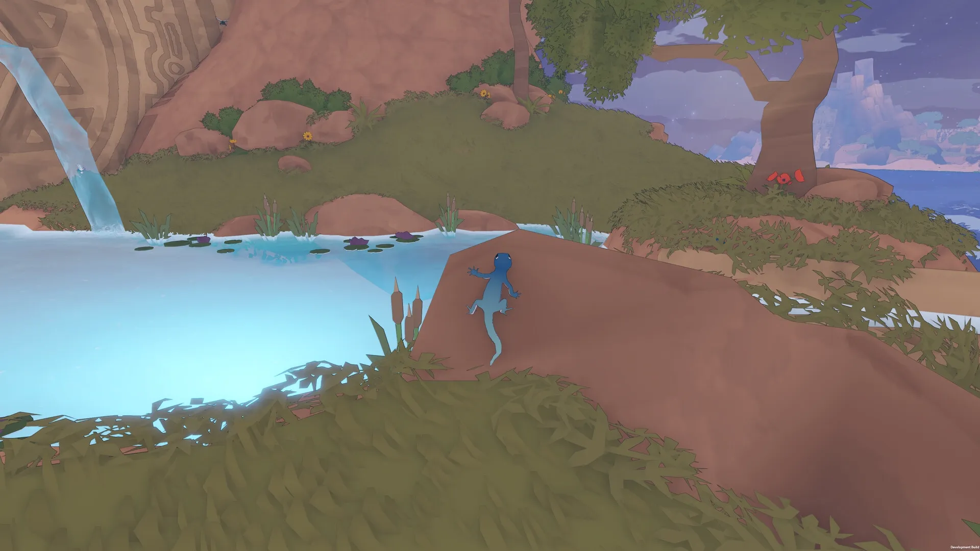 Gecko Gods: Blue gecko climbing a rocky hill beside a serene pond with a waterfall and distant trees.
