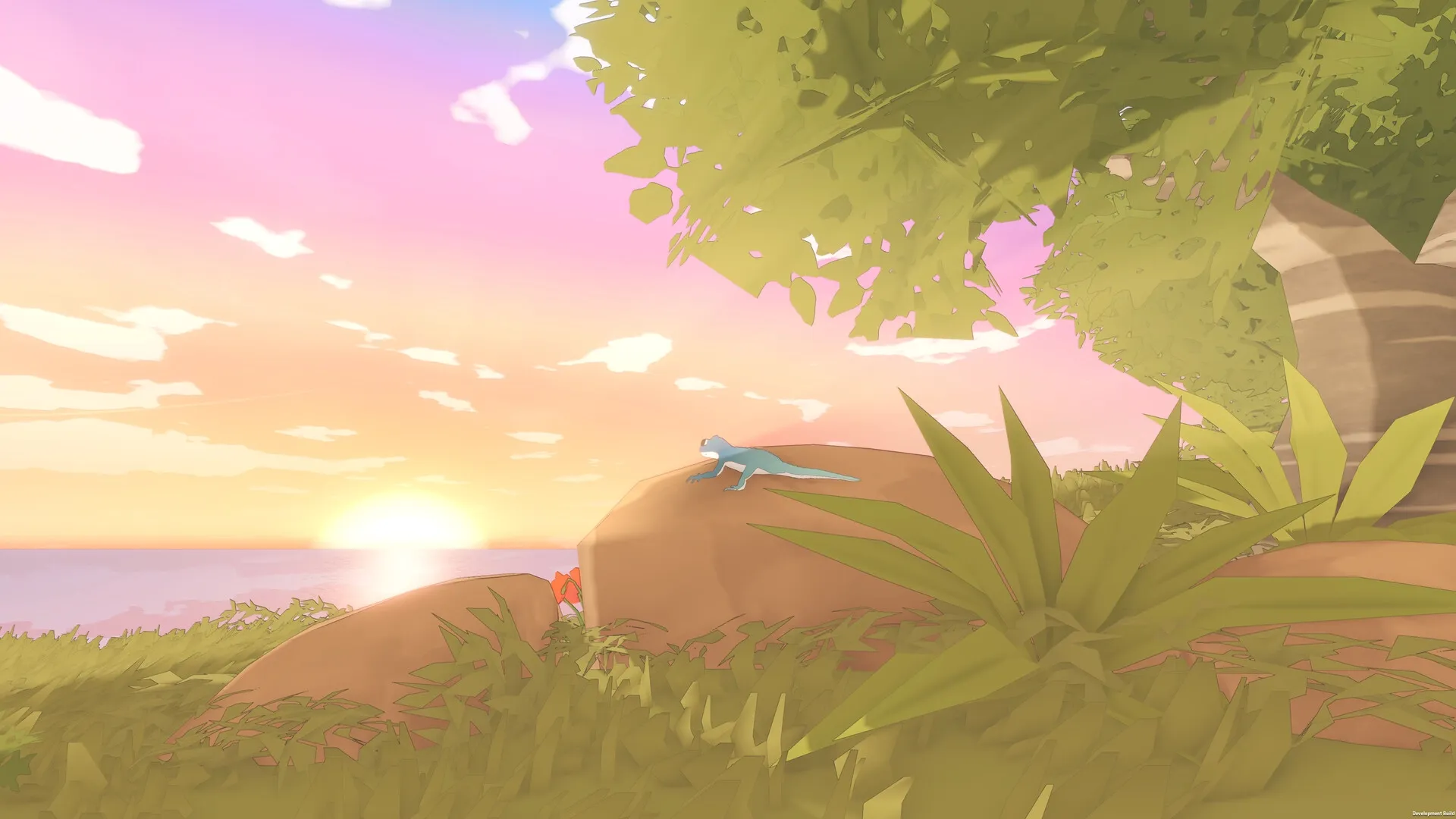 Gecko Gods: Gecko perched on rock at sunset in lush, vibrant landscape with trees and pink sky.