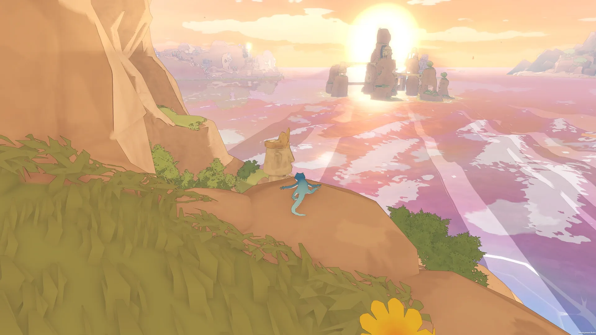 Gecko Gods: Gecko overlooks a vast ocean at sunset on a cliff with ancient statues in the distance.