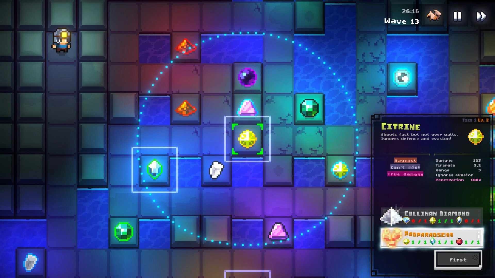 Gem Miner TD: Player arranges colorful gems on grid with Citrine stats panel, preparing for wave 13.