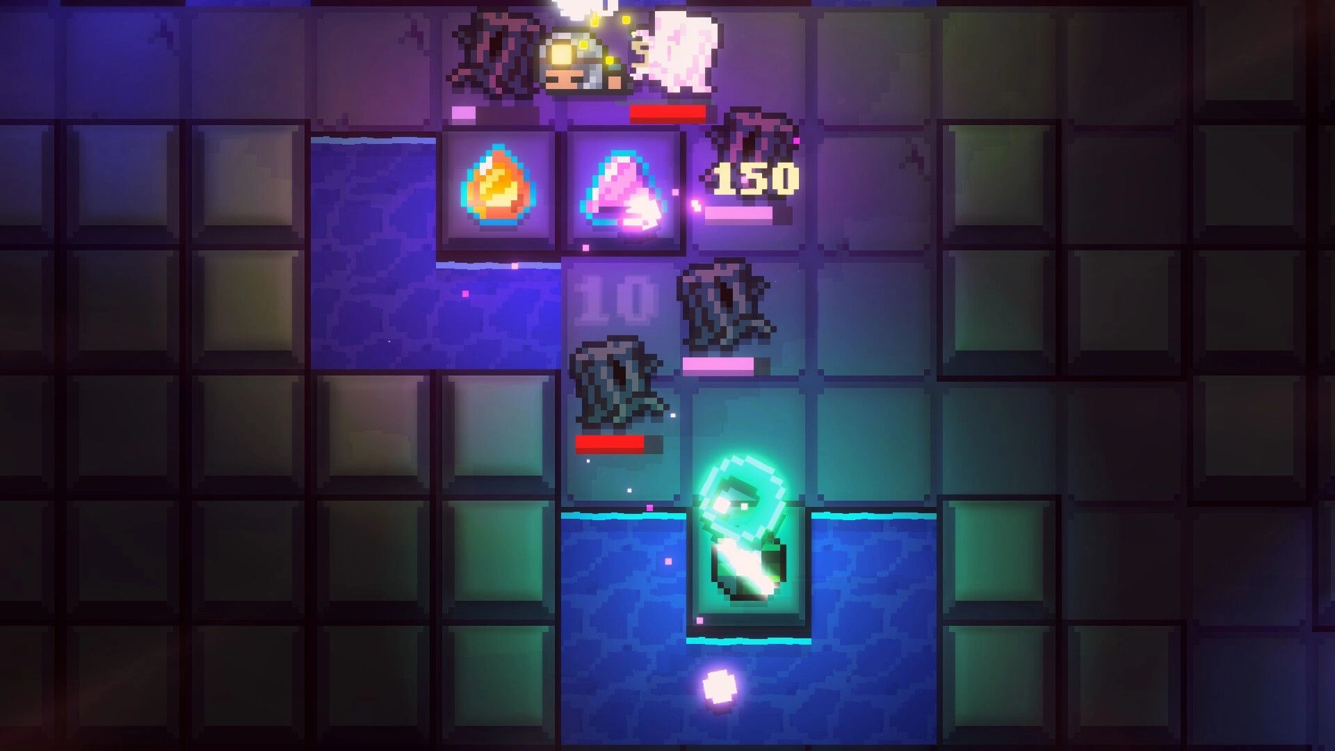 Gem Miner TD: Players build a gem maze on a grid, with enemies advancing and damage indicators visible.