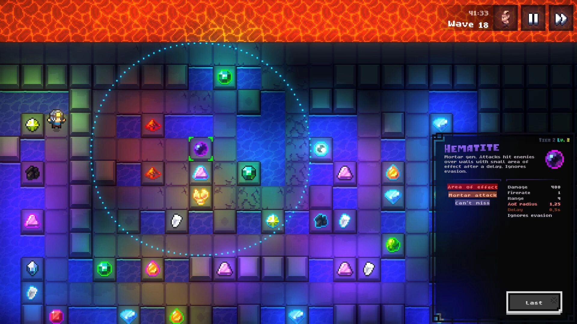 Gem Miner TD: Strategic gem placement on grid with Hematite stats displayed in vibrant pixel-art setting.