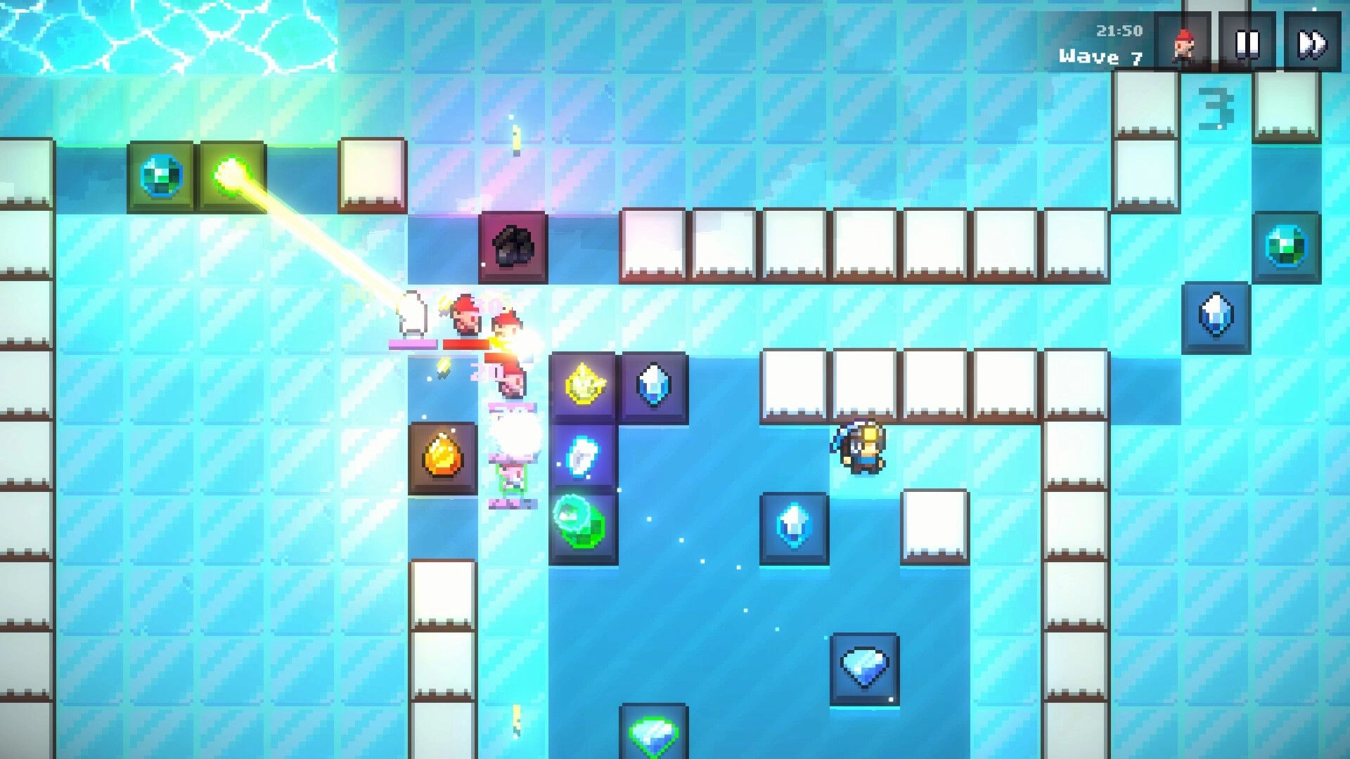 Gem Miner TD: Player defends maze with laser-firing gems against enemies on icy grid in wave 7.