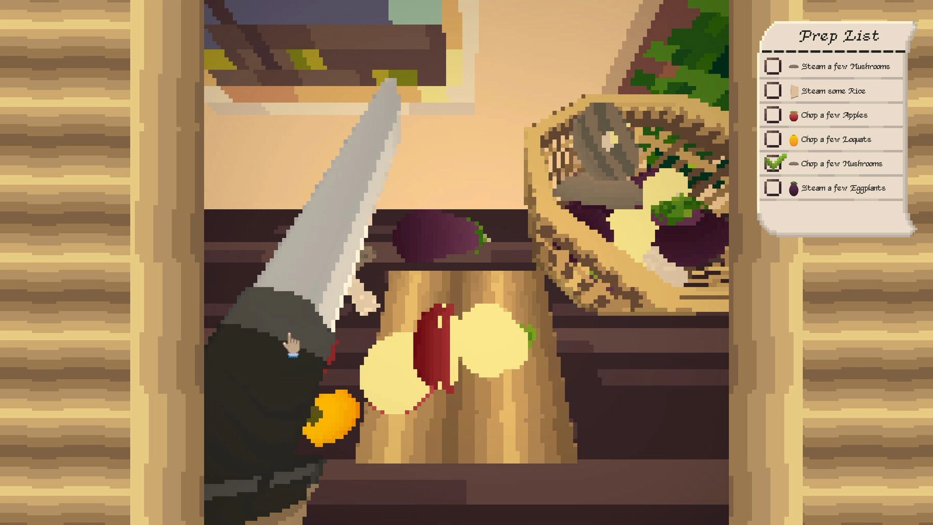 Gendo The Gatherer: Chopping vegetables at a kitchen counter with prep list checklist UI on right.