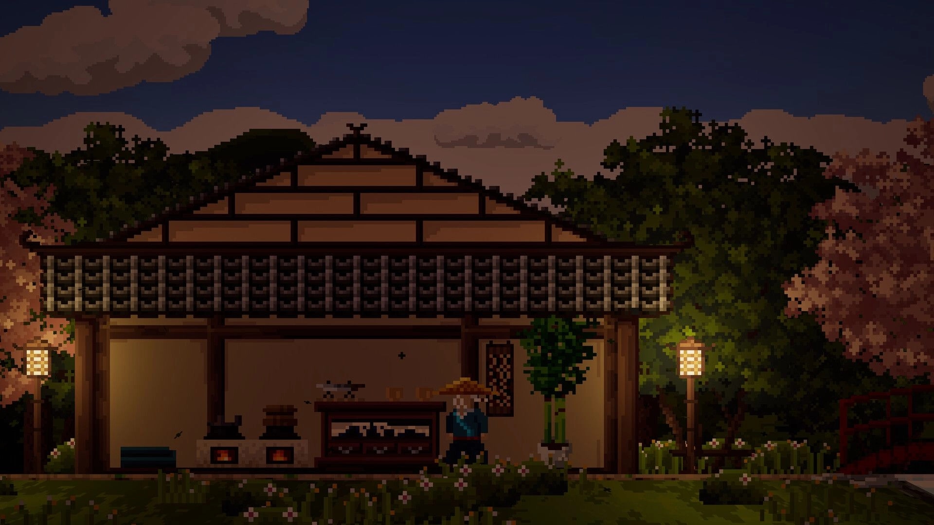 Gendo The Gatherer: Player stands by a cooking stall outside a lantern-lit cottage at dusk among trees.