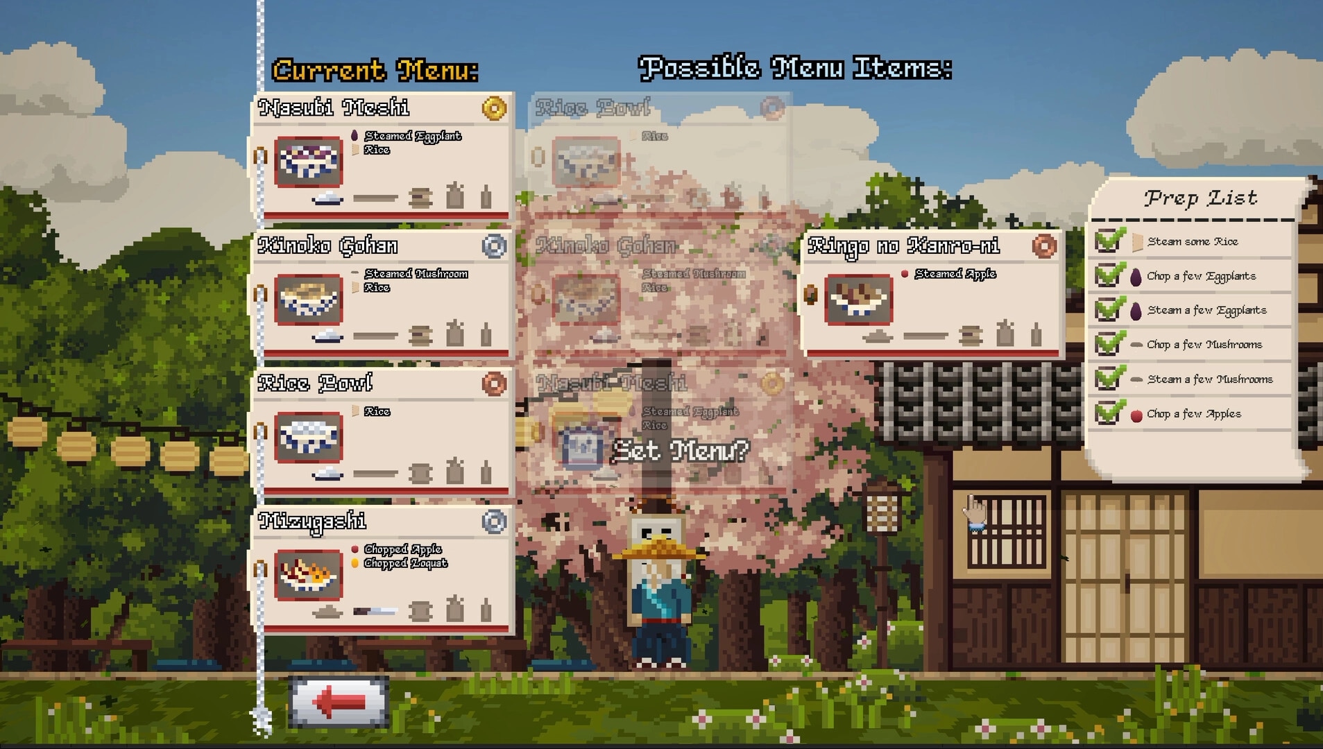 Gendo The Gatherer: Menu planning screen with current dishes, possible items, and prep list outdoors.