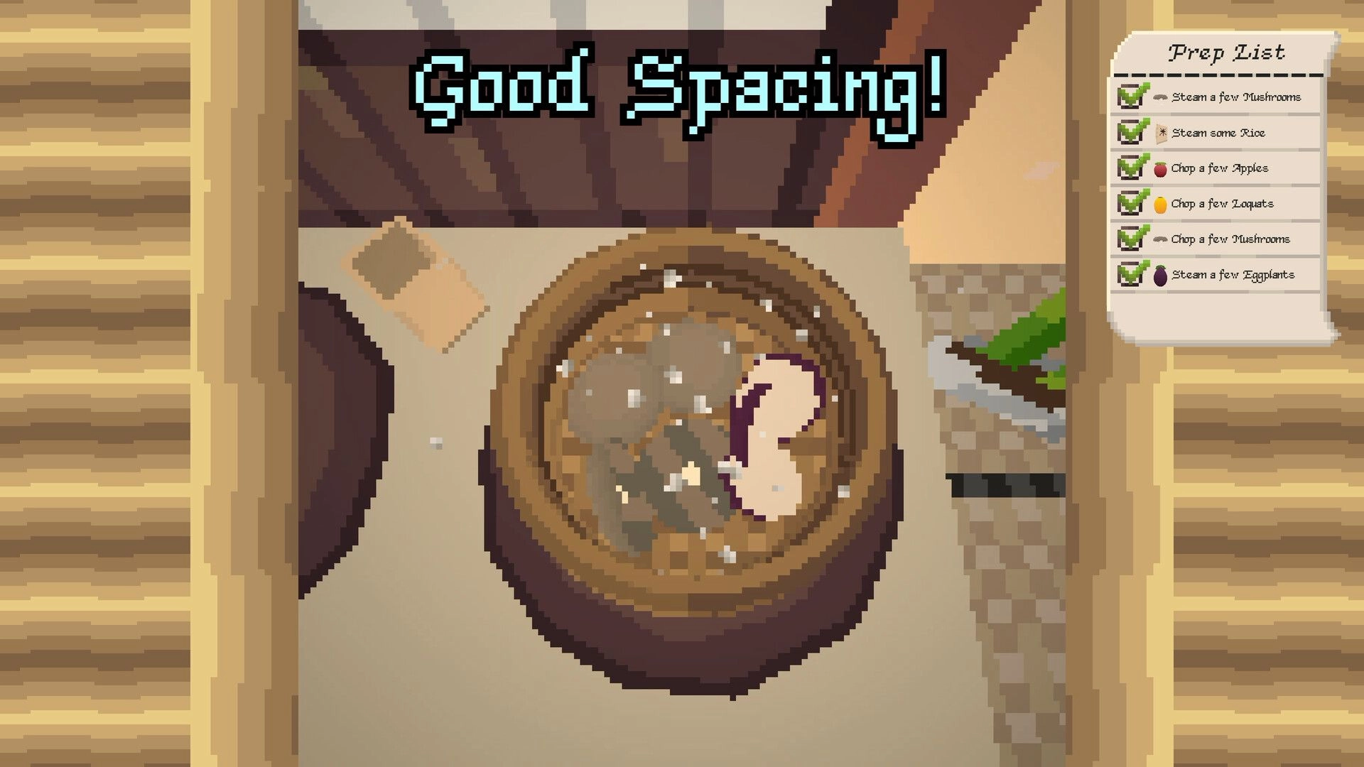 Gendo The Gatherer: Steaming mushrooms in a pot with “Good Spacing!” pop-up and prep list UI in kitchen.