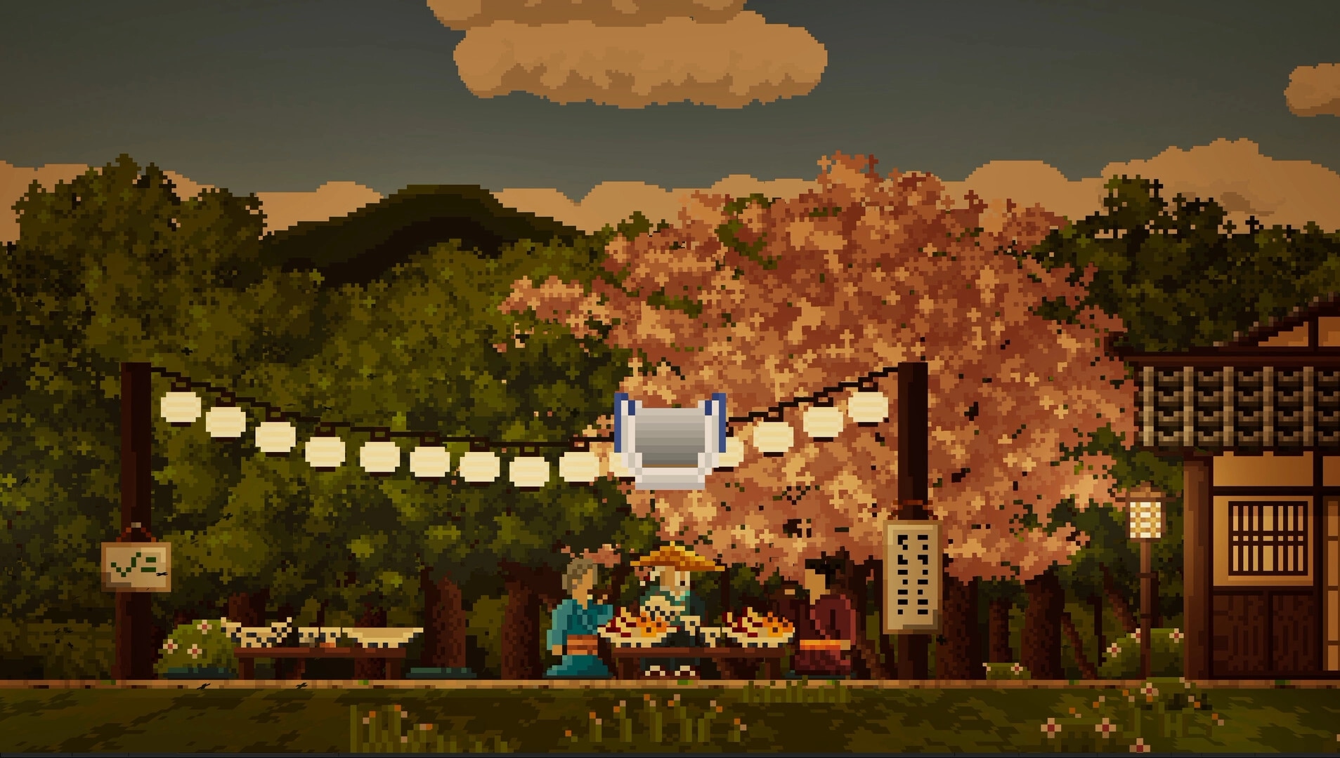 Gendo The Gatherer: Serving grilled skewers at a lantern-lit stall beside cherry blossoms at dusk.