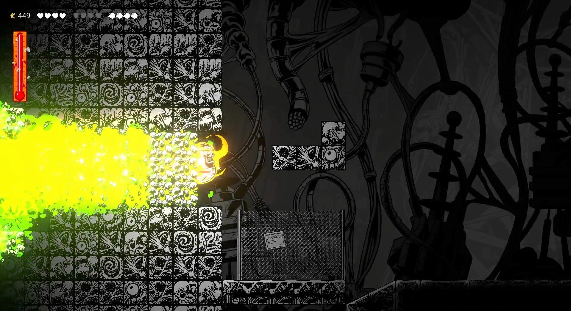 Gennady: Blasting through alien wall with green slime in dark, industrial environment with health bar.