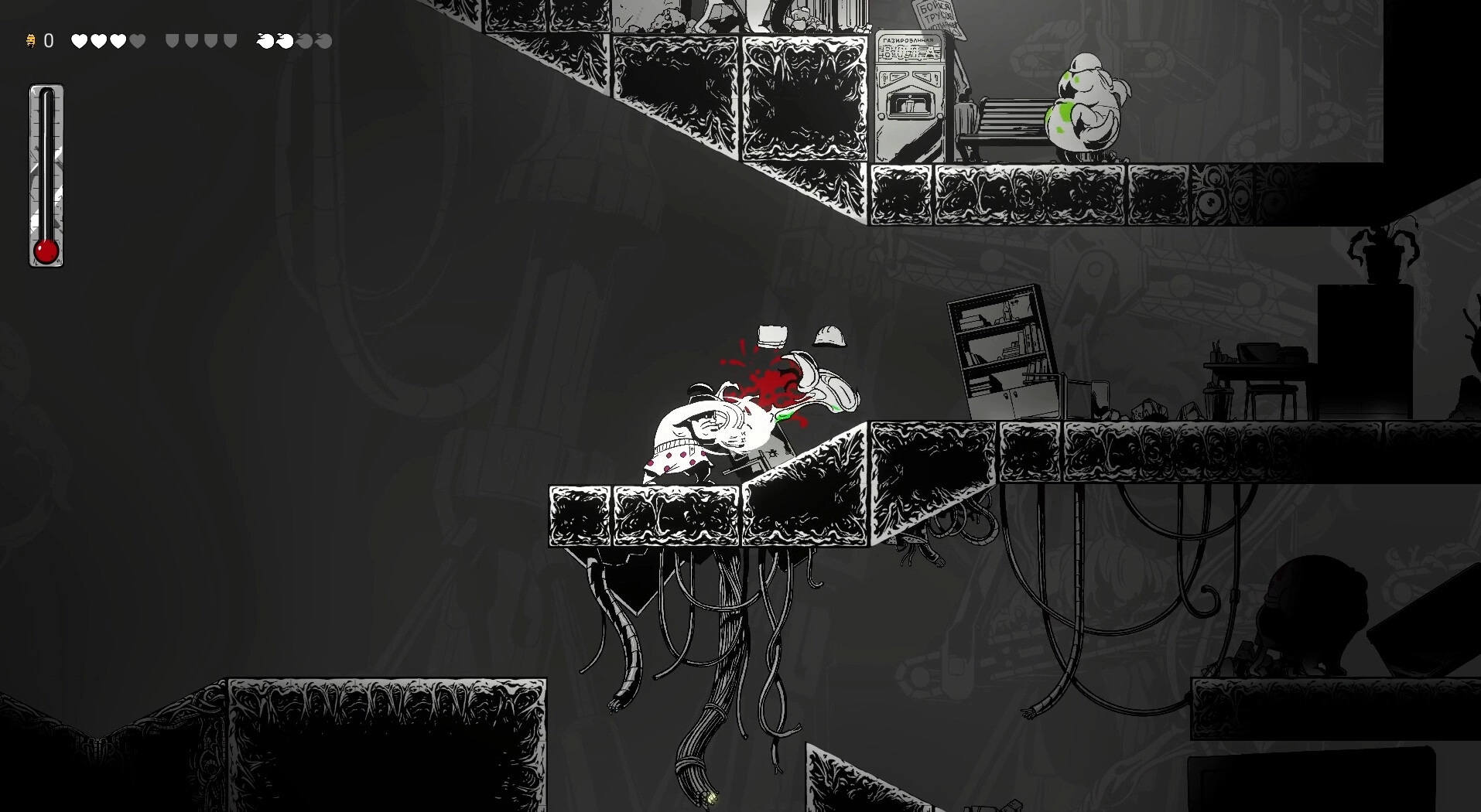 Gennady: Character fighting an enemy on a dark platform with red health bar and heart icons visible.