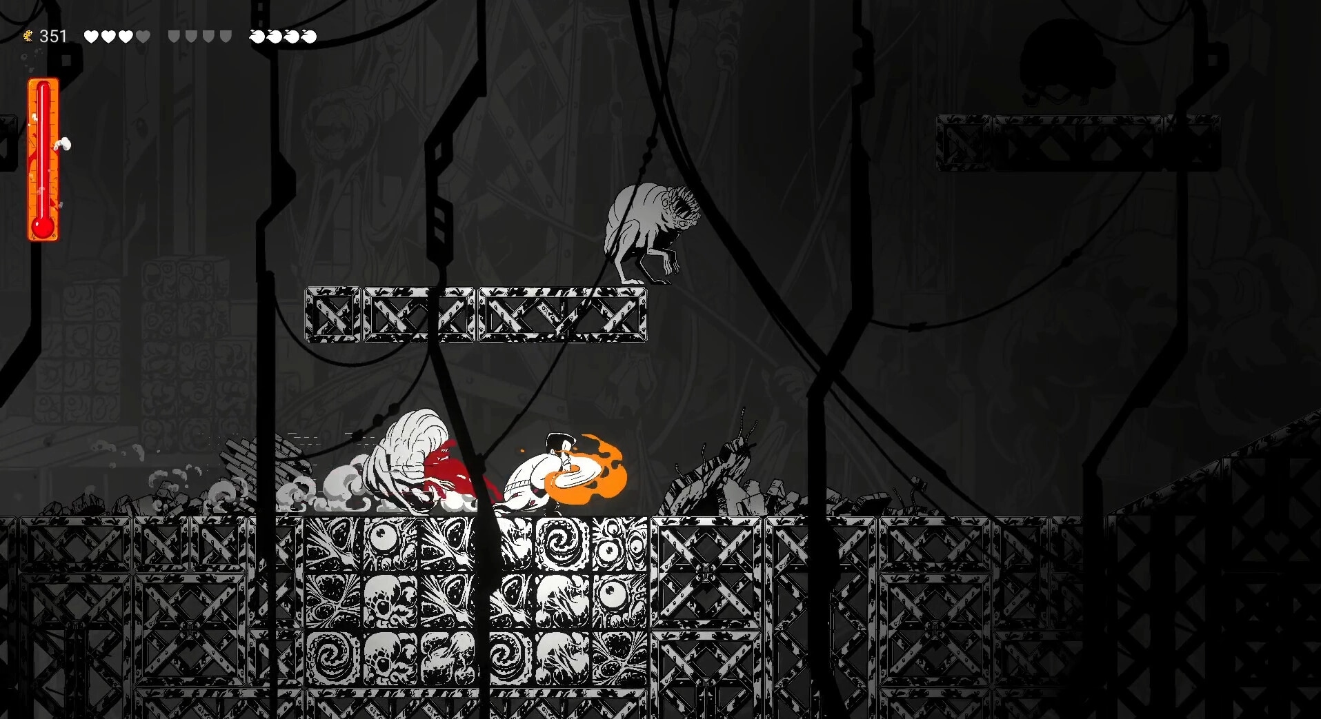 Gennady: Character battles alien creatures with orange blaster in dark platformer environment.