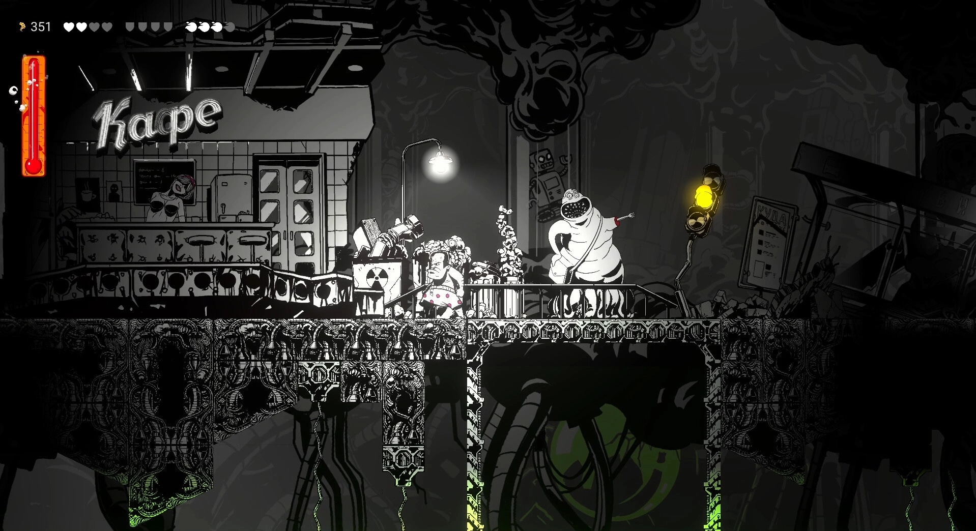 Gennady: Noir platformer scene with character near café entrance and glowing traffic light