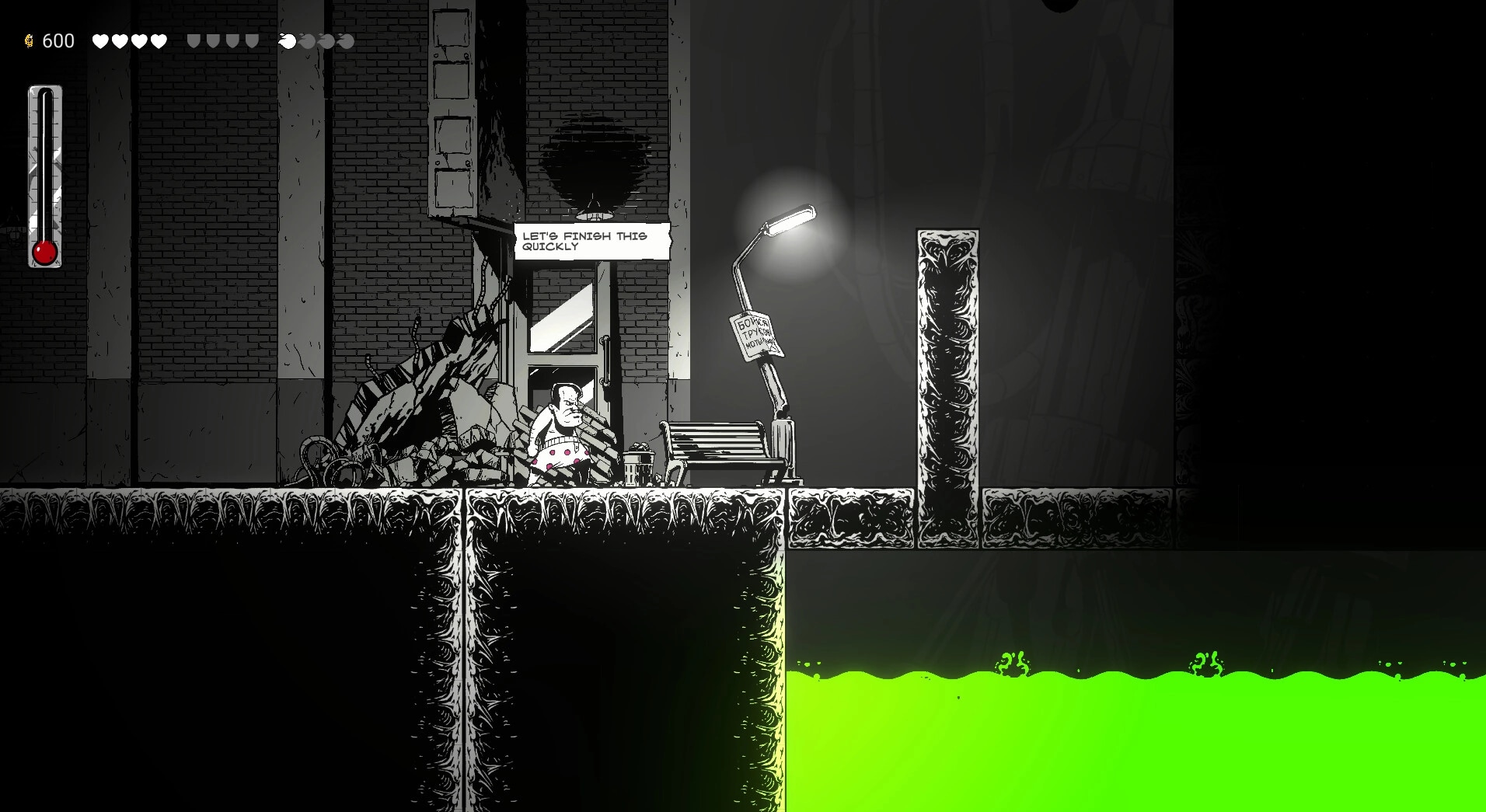 Gennady: Character stands near rubble and streetlight, overlooking neon green slime in dark urban setting