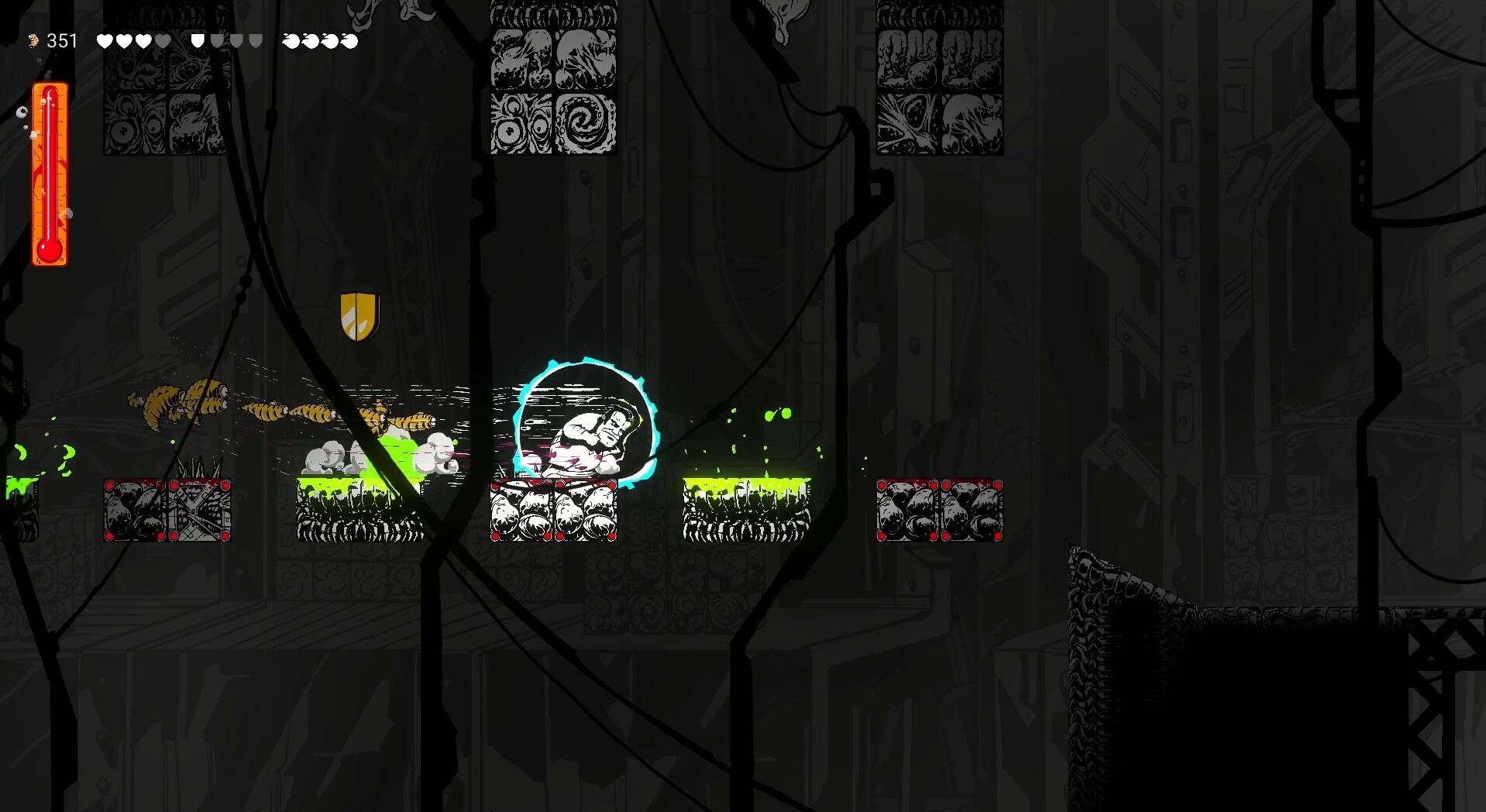 Gennady: Character dashes through green slime on platforms in a dark, industrial alien world setting.