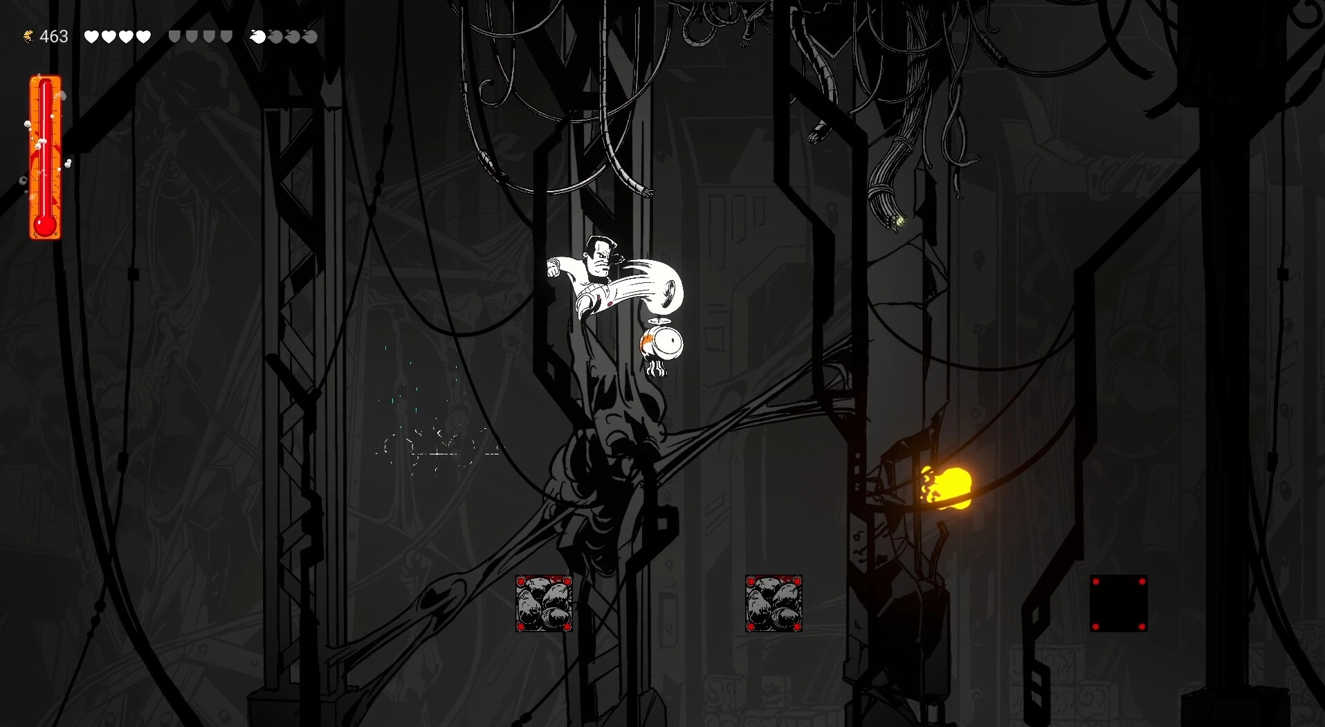 Gennady: Character firing blaster at floating enemy in dark, industrial environment with UI visible