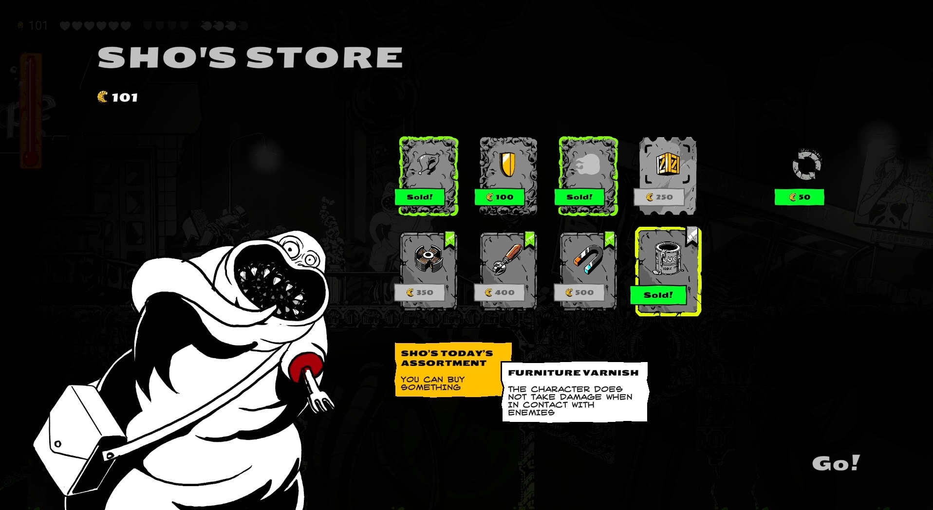 Gennady: Shopping at Sho's Store with various items for sale and a creature character in the foreground.