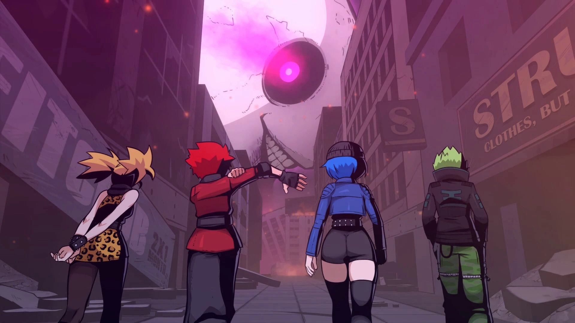 Genokids: Band faces giant eye in a dystopian city street as chaos unfolds in the sky above.