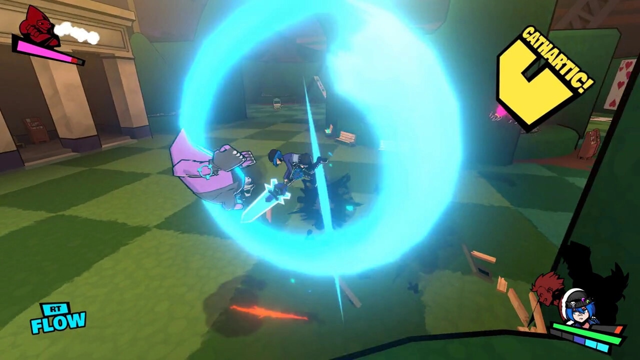 Genokids: Character unleashing sword attack amid vibrant blue energy in grassy courtyard environment.