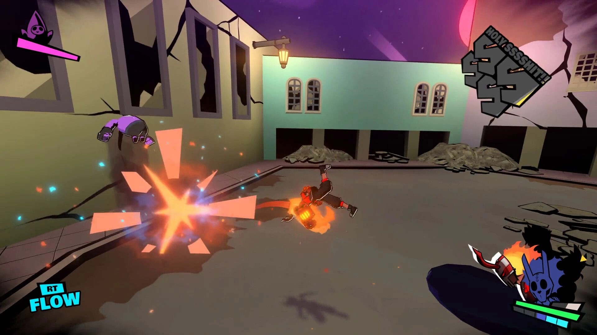 Genokids: Intense combat with fiery attack effects in a cityscape with damaged buildings and vibrant sky.