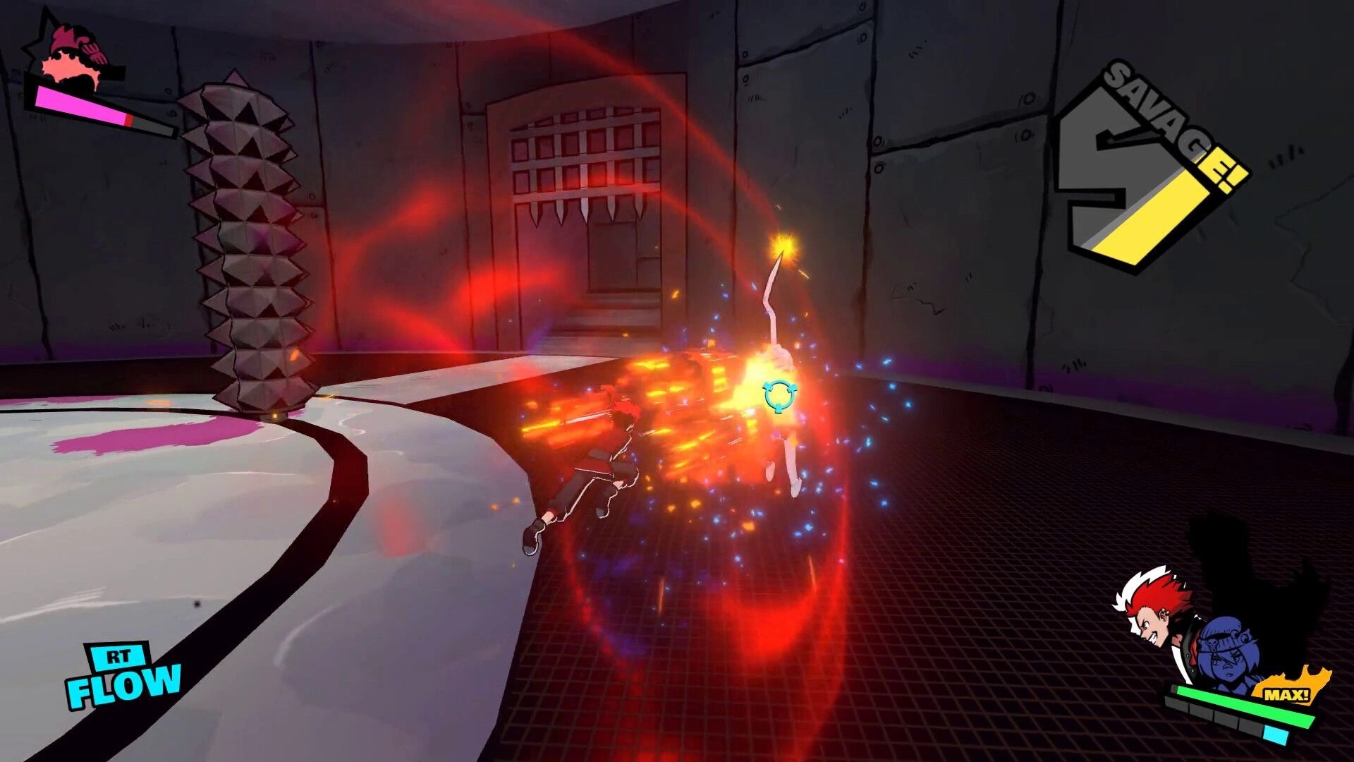 Genokids: Character attacking enemy with fiery aura in futuristic arena with health bars visible