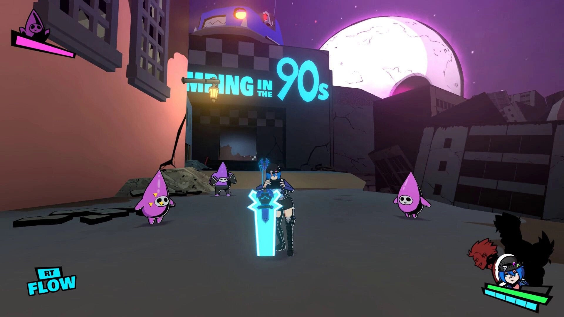Genokids: Character with glowing sword confronts pink enemies in a neon-lit, moonlit urban setting.