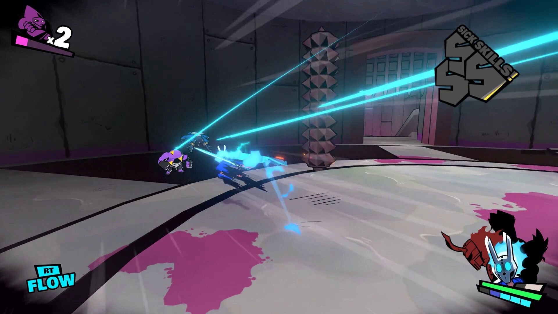 Genokids: Character with purple hair attacks enemies using energy beams in an industrial arena setting.