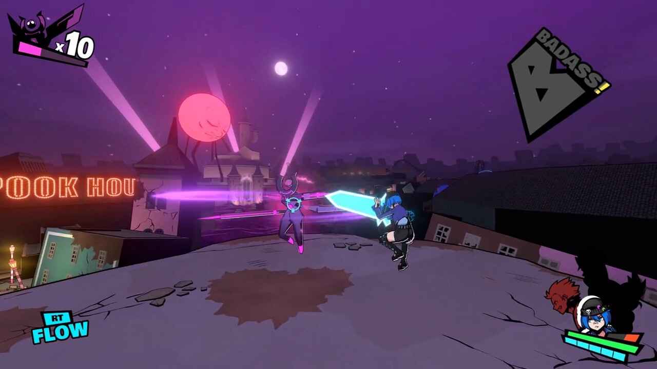 Genokids: Intense rooftop battle with glowing swords under a purple sky with neon city lights