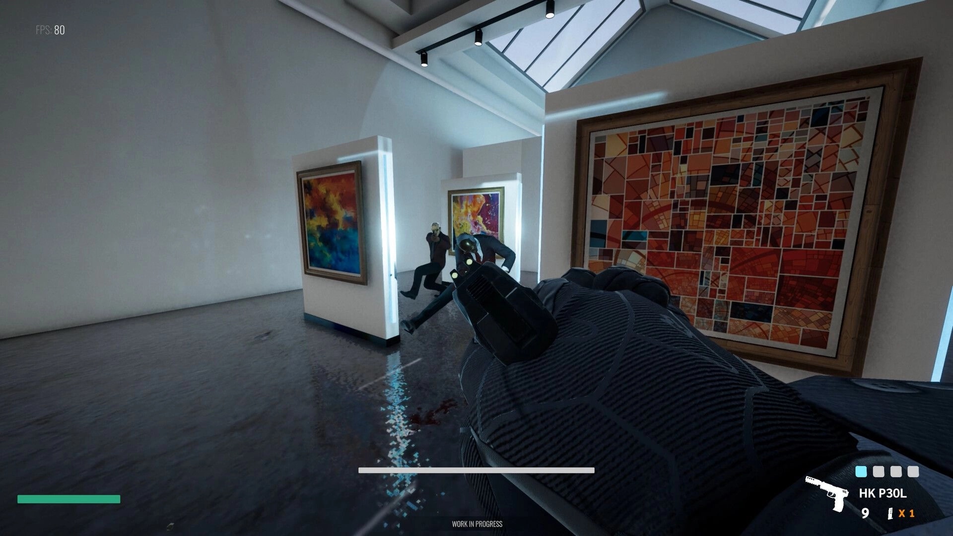 Gentleman’s Violence: First-person pistol aim at two armed men in a modern art gallery hallway HUD visible.