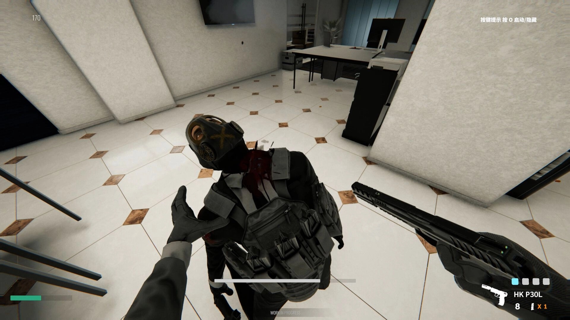 Gentleman’s Violence: Point-blank takedown of masked guard in a bright office with gun HUD.