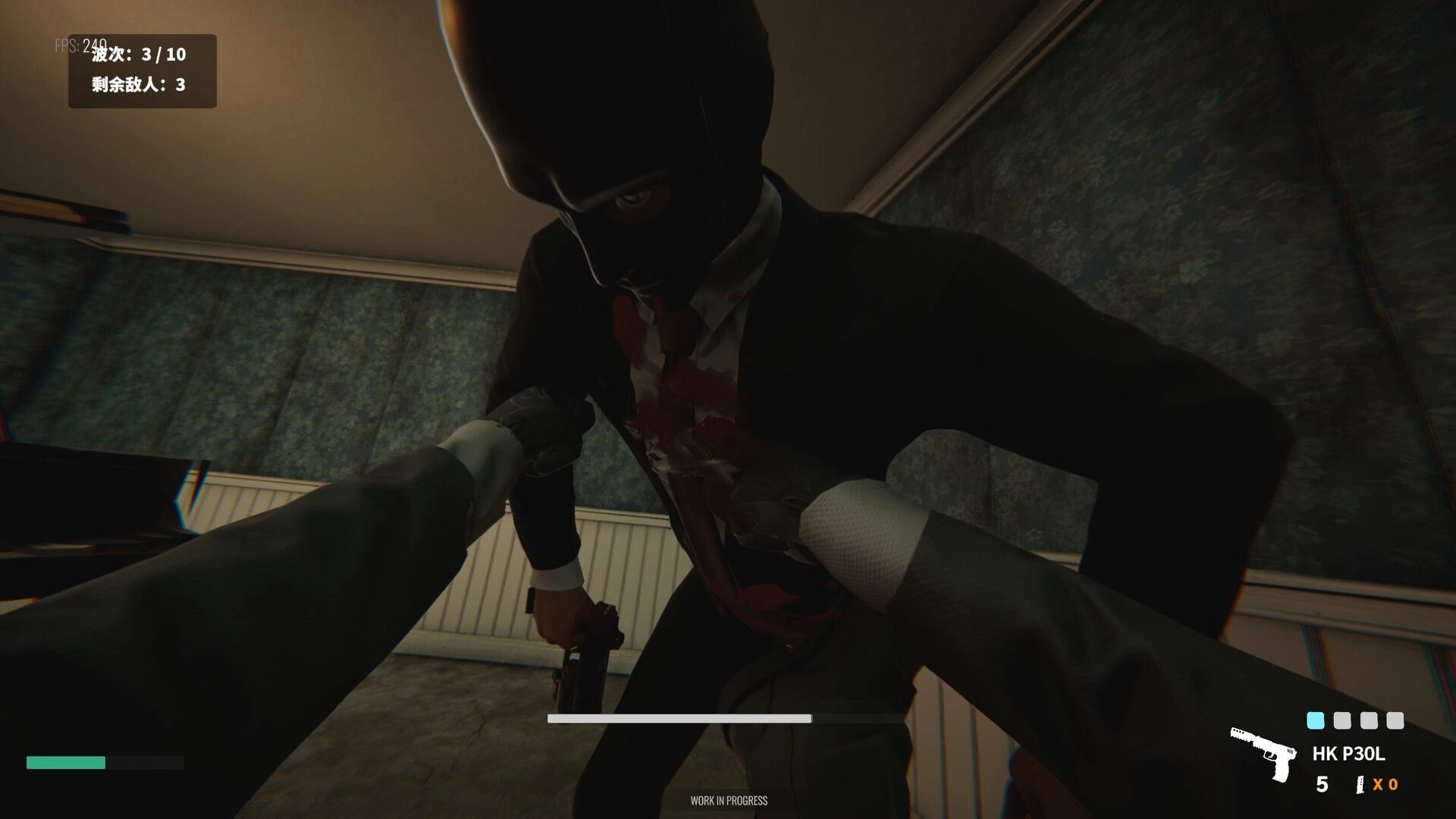 Gentleman’s Violence: First-person melee grab on masked gunman in wallpapered room with HUD ammo counter.