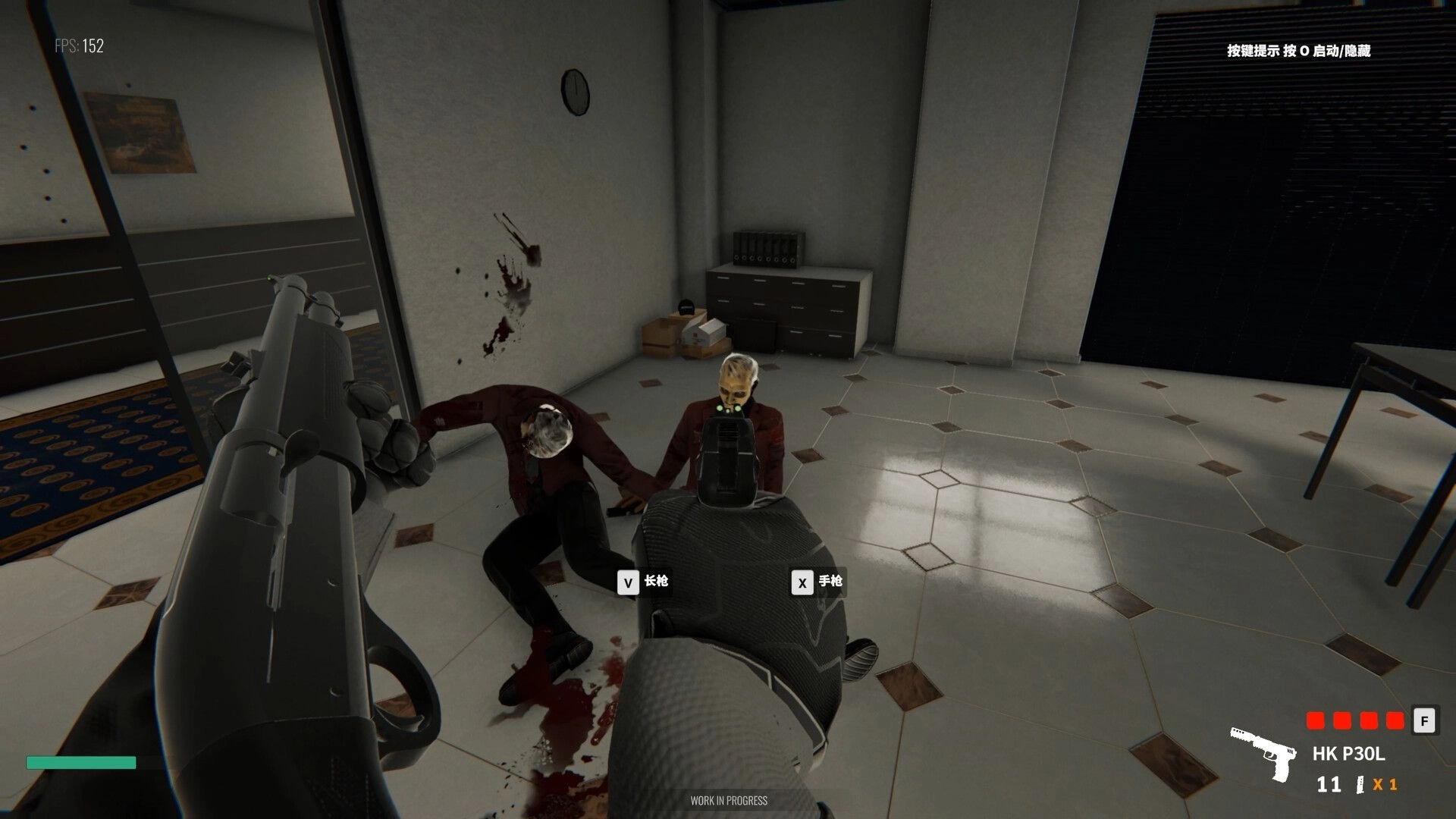 Gentleman’s Violence: First-person pistol aimed at suited enemy beside a body in tiled office room.